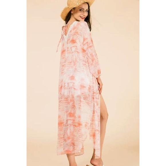 Peach Tie Dye Boho Long Printed Kimono Wrap Cover Up - Picture 2 of 3